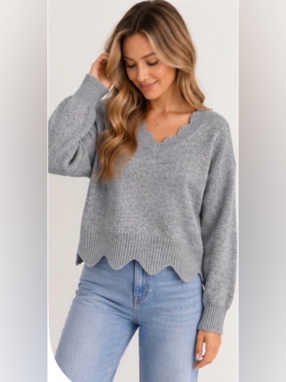 SHEIN Gray Scallop Trim V Neck Knit Sweater Size